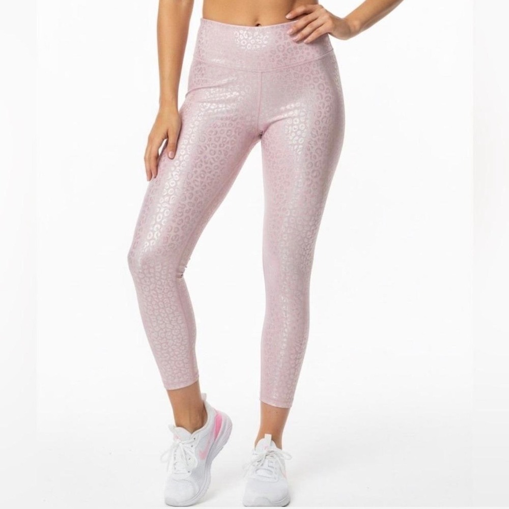 Zyia Active Metallic Pink Leopard Iridescent High Waisted Leggings Size 8-10